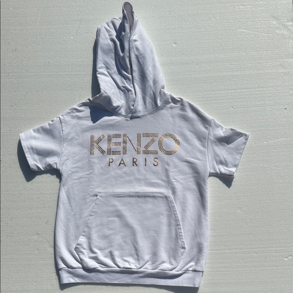 Kenzo Kids’ White Hoodie T-Shirt w Rose Gold Logo Hand Warmer Short Sleeve 14A
